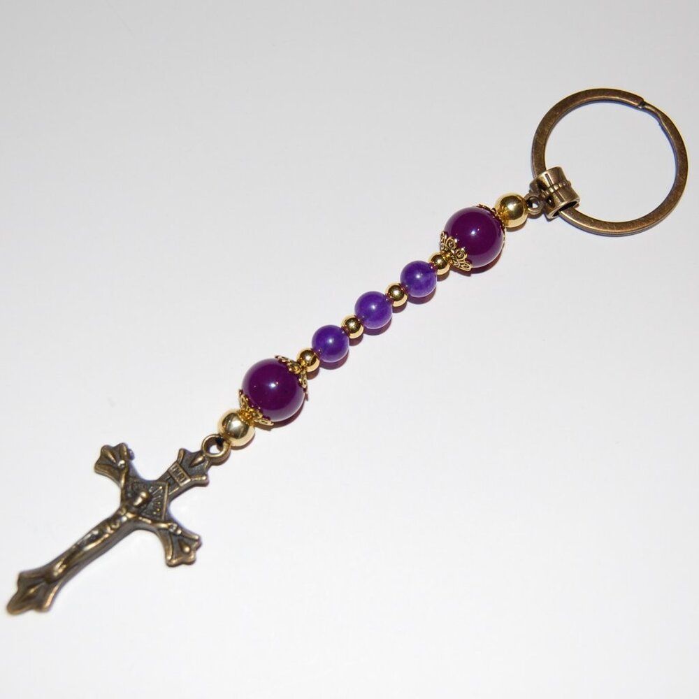 Rosary Keychain,Gemstone Beads Keychain,Cross Keychain,Rosary Cross Keychain